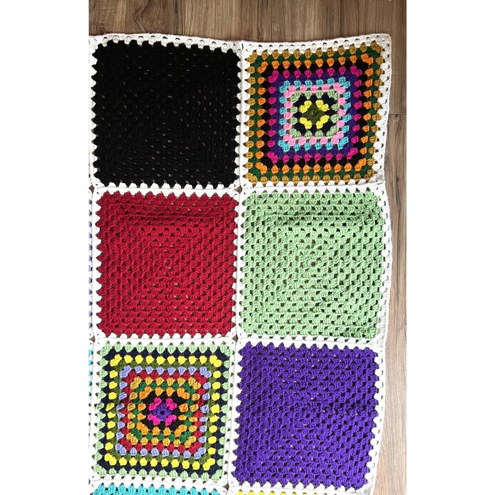 Vtg Crochet Granny Square Roseanne Blanket MultiColored Afghan Throw 66" X 51" - Picture 4 of 11